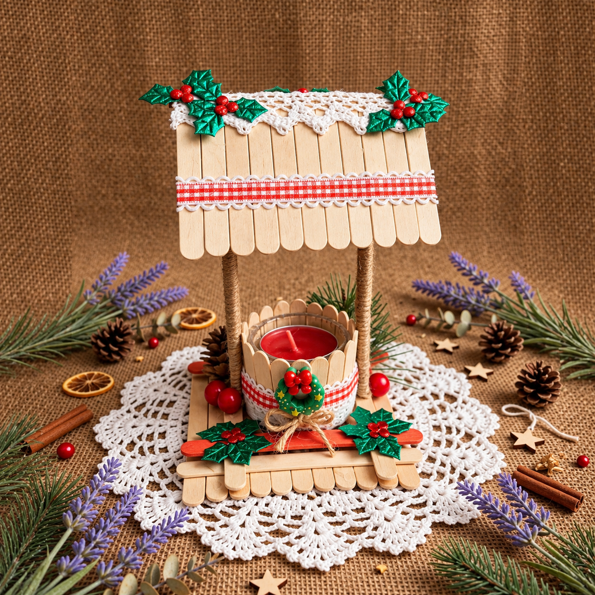 Portavelas Navideño Vintage Palitos Madera