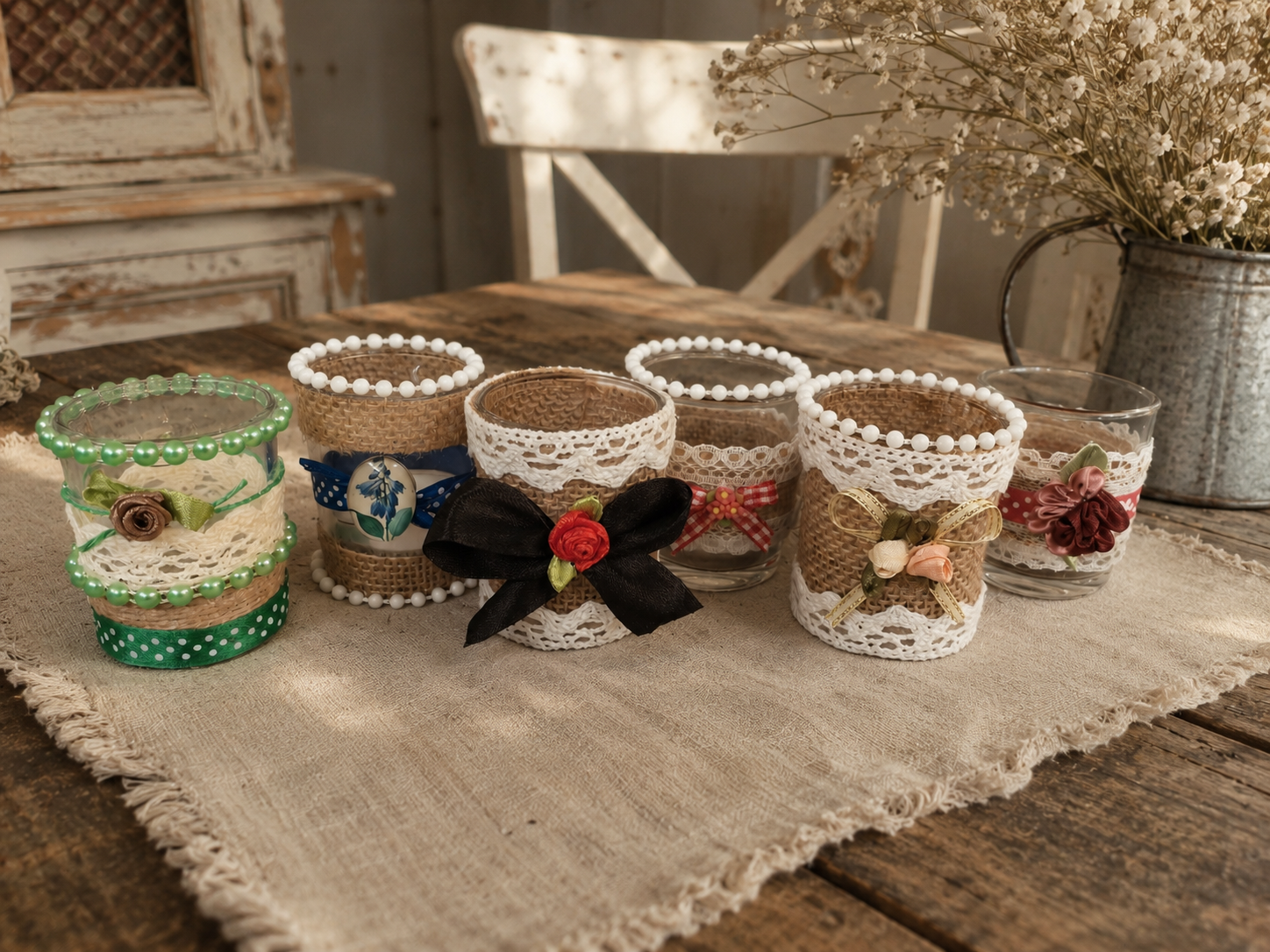 Vasitos vintage decorados con velas aromáticas